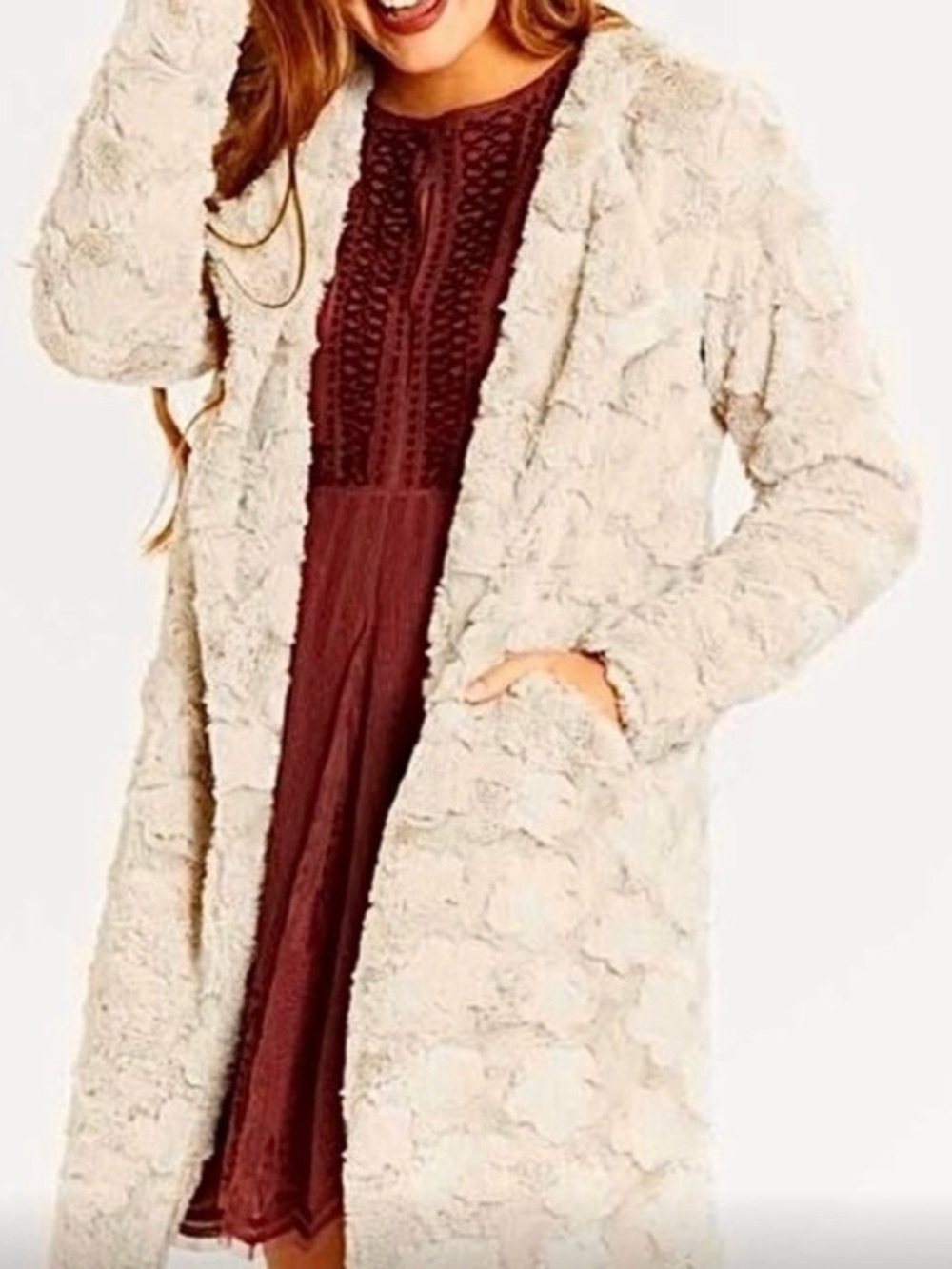 Altar’d State Faux Fur Waterfall Open Front Coat Sz L Cream Boho Duster Festival